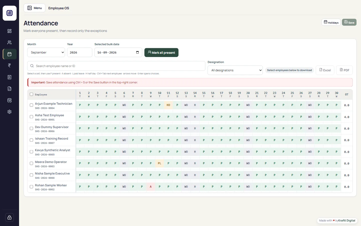Monthly attendance register with employees as rows and dates as columns