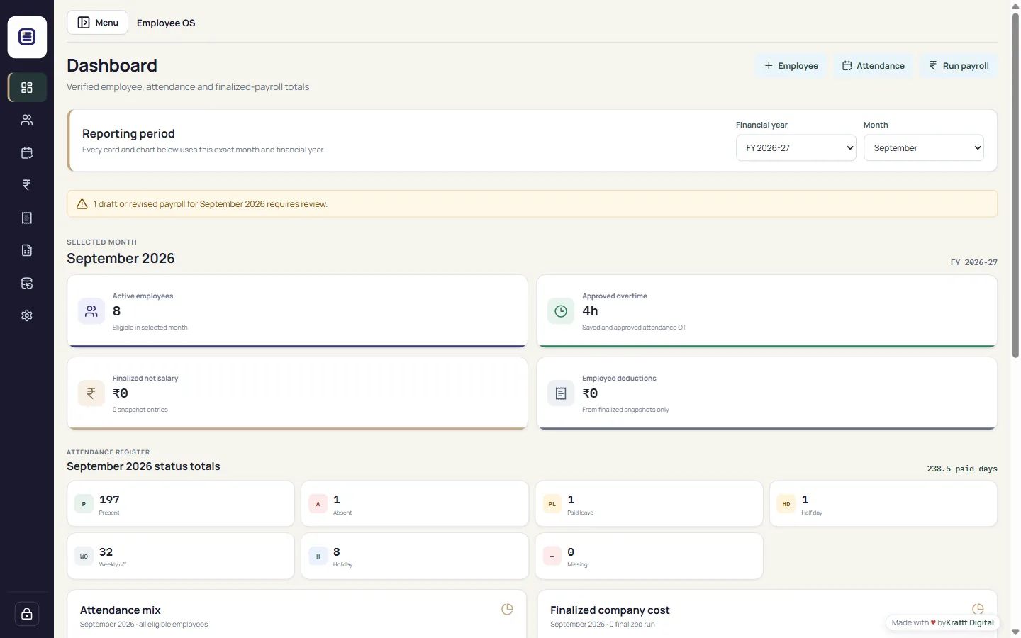 Employee OS dashboard showing attendance and payroll summaries